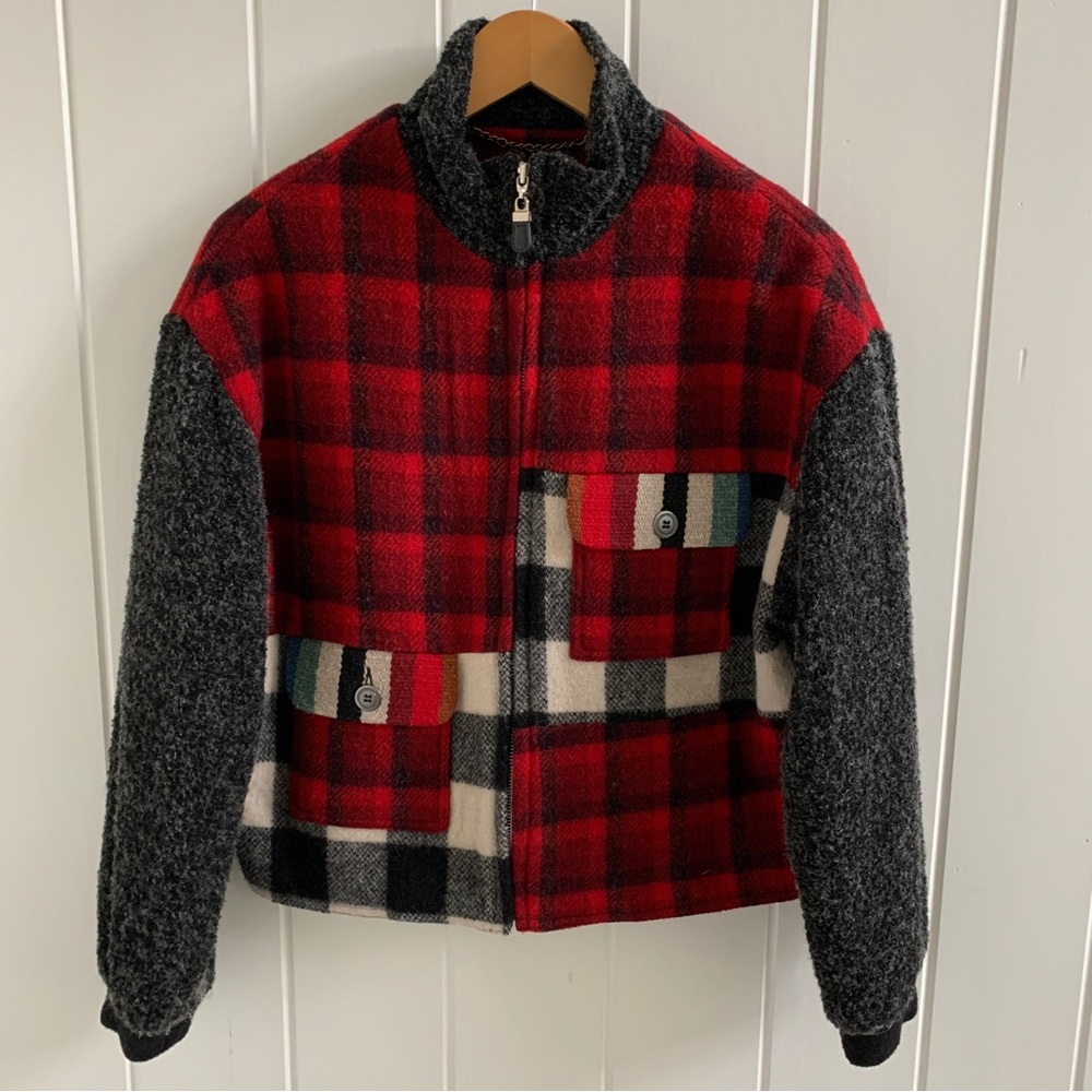 Red Plaid Wool Blend Bomber Jacket - S